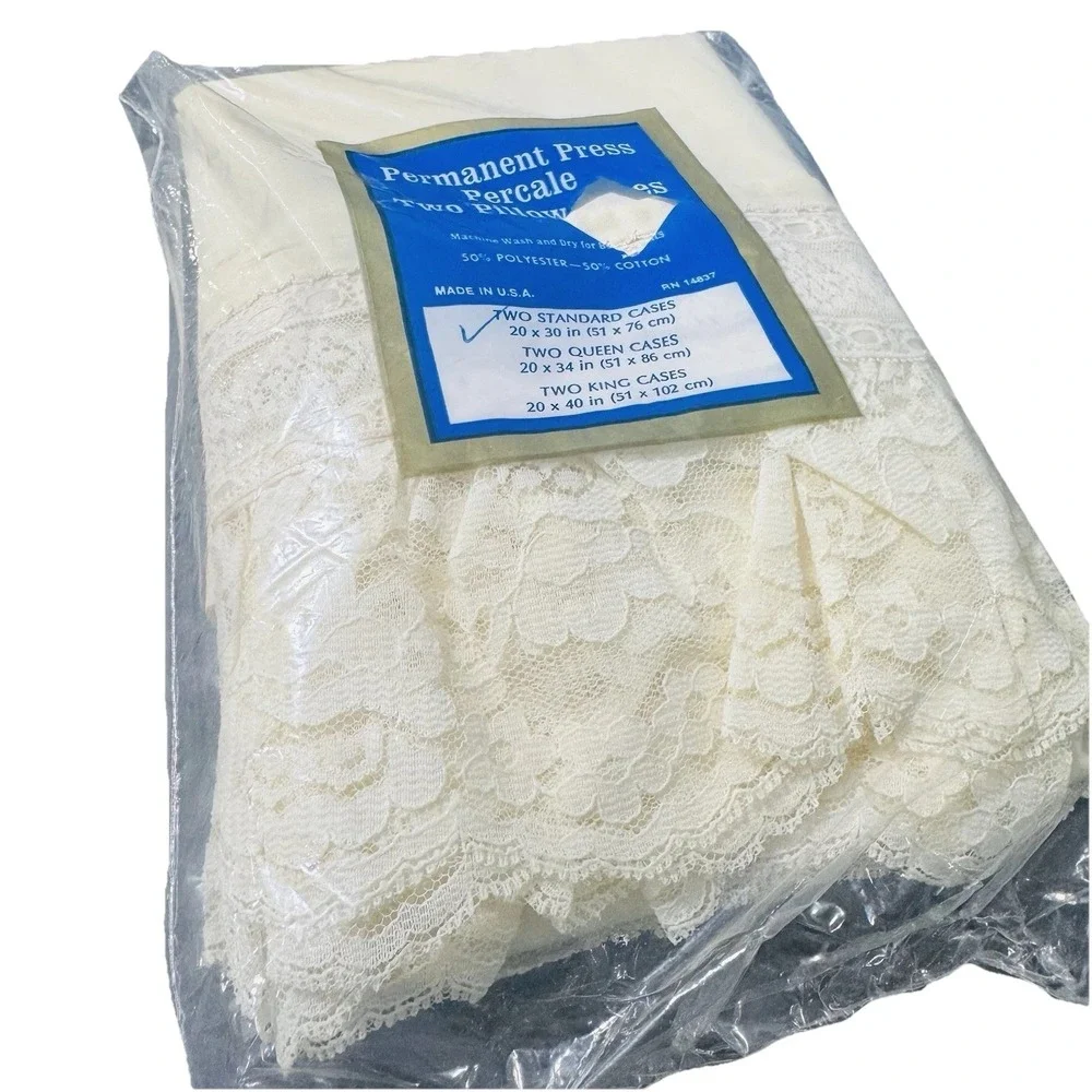 NOS Vintage Ivory Permanent Press Percale Pillowcases Bridal Lace Trim 20x30 USA